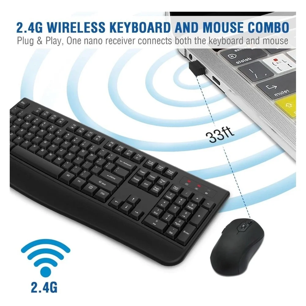 Wireless Keyboard and Mouse Combo, 2.4G Full-Sized Ergonomic Computer Keyboard